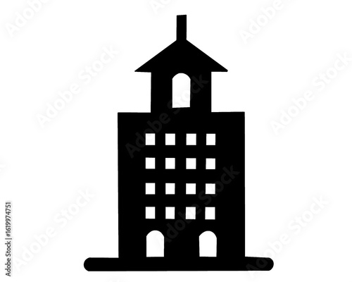 High-rise building silhouette. Black and white hotel icon. Vector illustration isolated on a white background.
