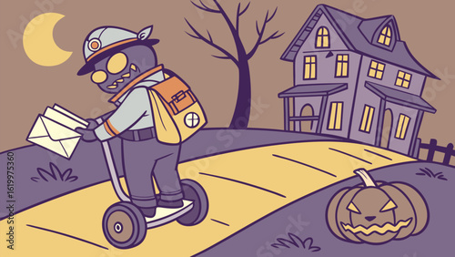 Spooky mail carrier on segway delivers letters to haunted house on halloween night under a crescent moon