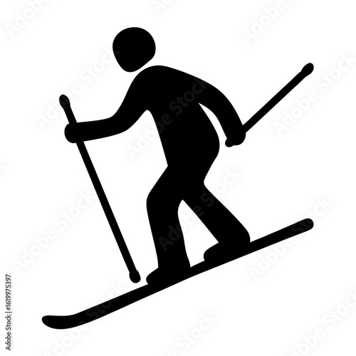 Black silhouette image depicting a person downhill skiing with poles