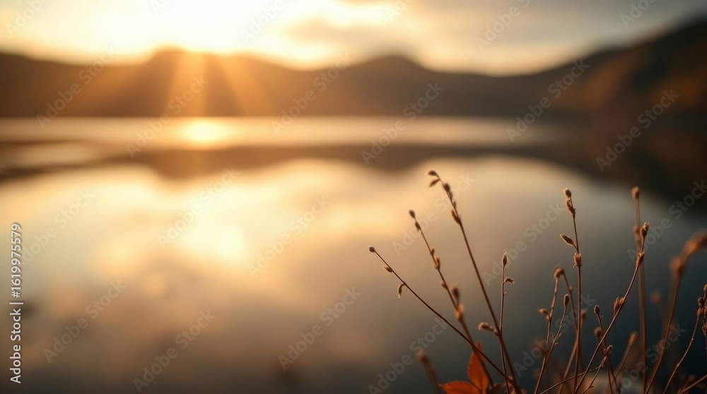 Fototapeta premium Sunburst on water backdrop dried grass foreground
