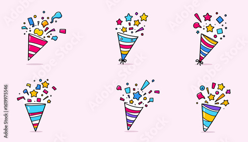 A vibrant collection of hand-drawn party poppers exploding with colorful confetti and stars, perfect for festive celebrations and digital designs.