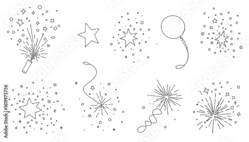 Vector confetti PNG elements: stars, bursts, and a balloon, perfect for festive designs, cards, and party invitations, adding a celebratory touch to your projects.