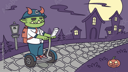 A whimsical green goblin rides a segway on a cobblestone path at night dressed for halloween with horns and a backpack near spooky houses under a large moon