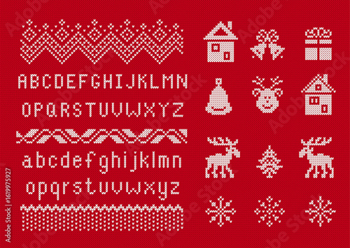 Knit seamless ornament. Christmas pattern with snowman, house, gift box, snowflake, trees and alphabet. Fair isle festive Xmas ugly elements. Sweater xmas border. Knitted print. Vector illustration