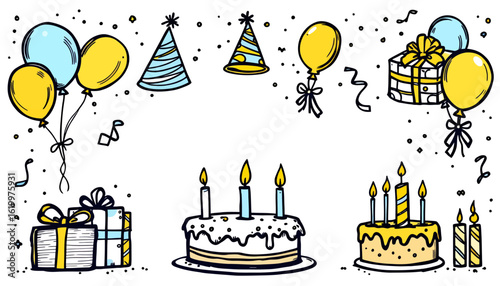 A vibrant vector illustration featuring celebratory elements like balloons, party hats, gifts, and cakes adorned with candles, set against a festive confetti background for a cheerful occasion.