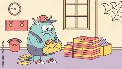 Friendly monster mail carrier delivers letters and packages with a smile in a cozy room with a spiderweb decoration