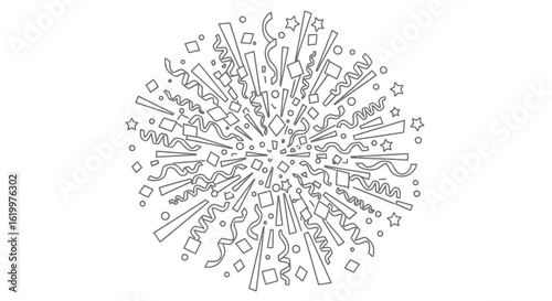 A black and white vector illustration of a burst of confetti, streamers, and stars, perfect for celebratory designs, party invitations, and festive decorations.
