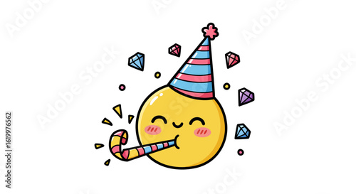 A cheerful yellow emoji wearing a party hat blows a noisemaker, surrounded by confetti and sparkling diamonds, celebrating a festive occasion.