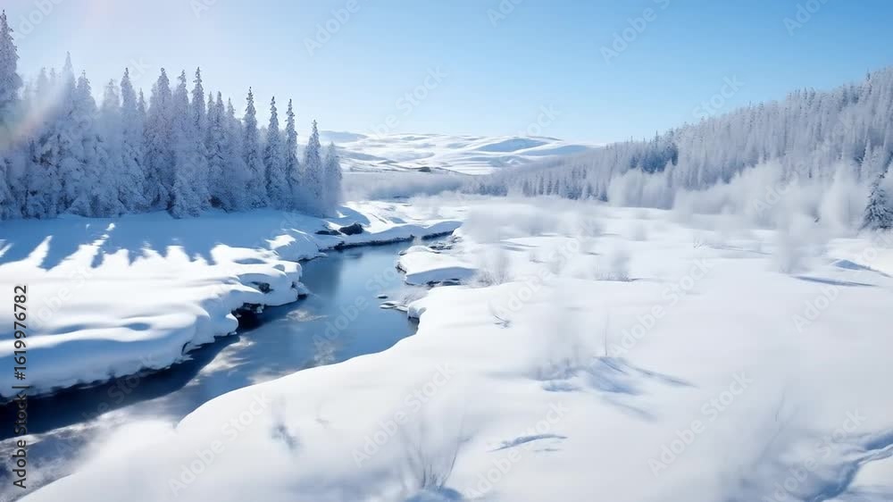 Winter river and forest with steam rising from the ground Winter river and forest with steam rising from the ground