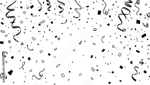 A dynamic shower of black confetti pieces and swirling streamers gracefully falls, creating a festive and celebratory background element for any design project.