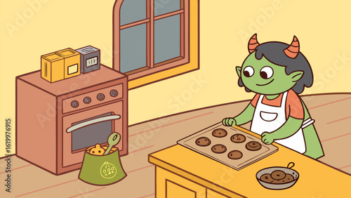 A cute green goblin with horns and an apron happily bakes cookies in a kitchen placing a tray of freshly baked cookies on a table