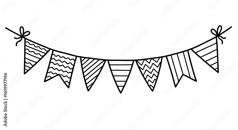 Obraz premium A charming black outline vector illustration features a festive string of patterned party flags, perfect for celebration designs.