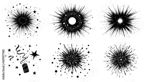 A collection of vector confetti illustrations in various burst and streamer designs, perfect for adding a festive touch to any graphic design celebration.