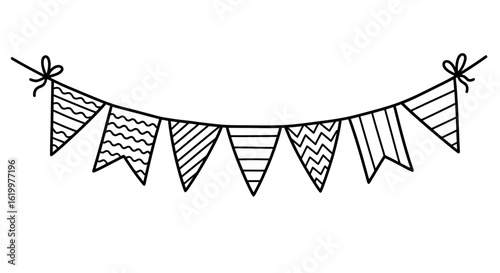 A charming black outline vector illustration features a festive string of patterned party flags, perfect for celebration designs.