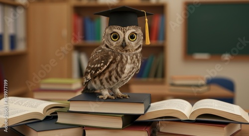 Wallpaper Mural An owl wearing a graduation cap sits atop a stack of books in a classroom, books open on the table, with bookshelves and chalkboard behind Torontodigital.ca