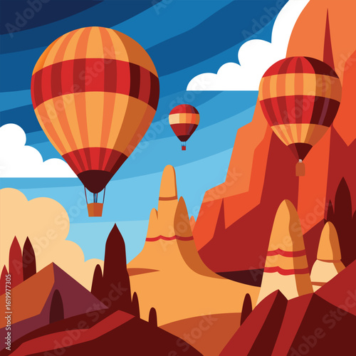 A Dynamic Vector Scene of Vibrant Hot Air Balloons Floating Over Scenic Valley