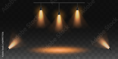 Set of spotlights for stage and podium, lamps. On transparent background. Vector EPS 10.