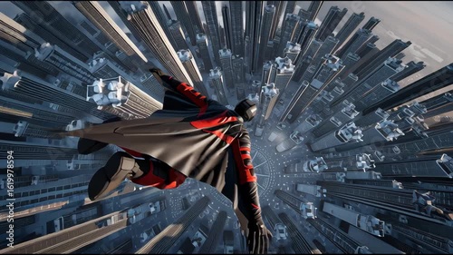 A man in a red and black costume is flying through the sky above a city. The scene is set in a futuristic world, with the man wearing a cape and wings. The sky is filled with clouds