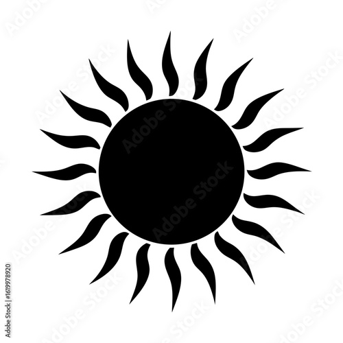 Black and white graphic design of sun with stylized rays emanating outward