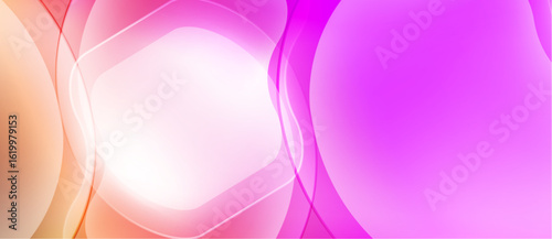 Abstract background features flowing shapes, vibrant pinks, oranges, whites. Soft gradients create luminous effect. Modern design element.