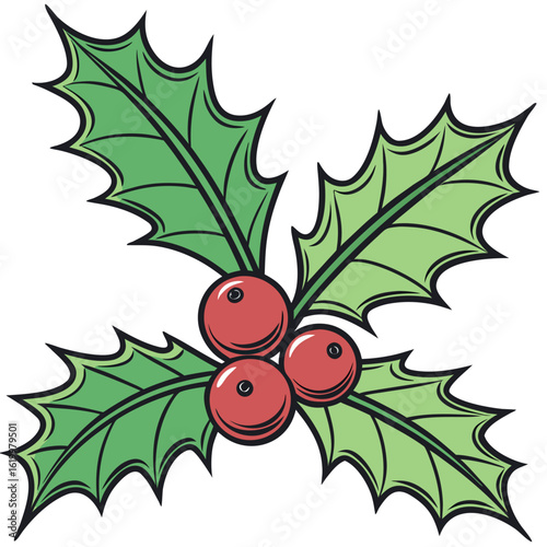 Three red berries cluster amongst three green holly leaves, isolated on white