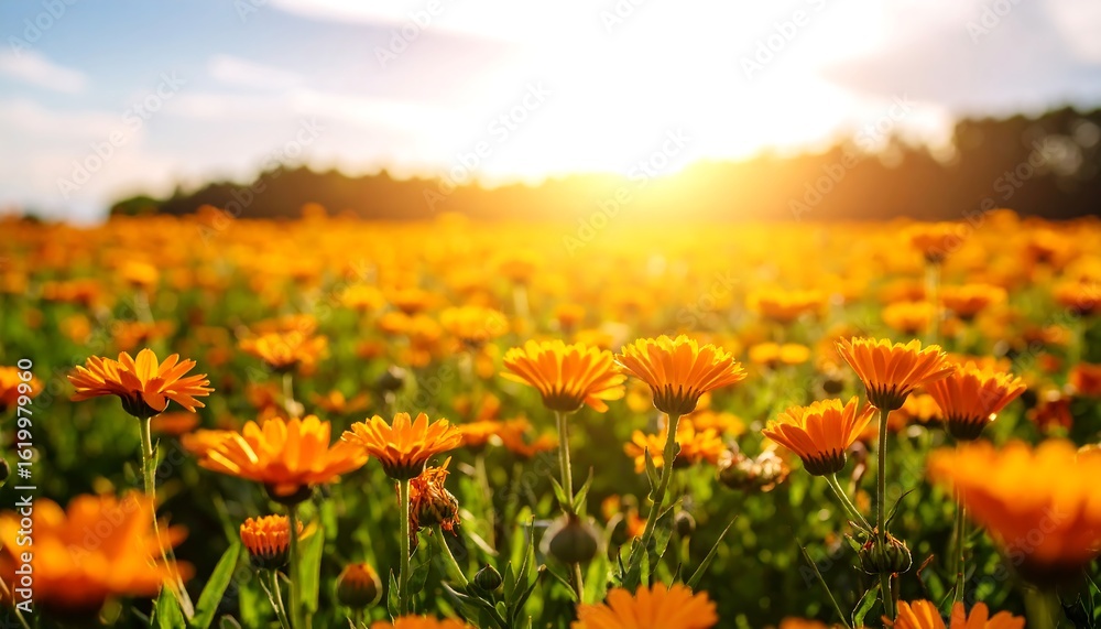 Fototapeta premium Orange flowers field at sunset