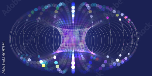 Abstract futuristic data torus from color dots in circles grid with defocus.  Big Data. Concept visualization for technology, analytics and network.