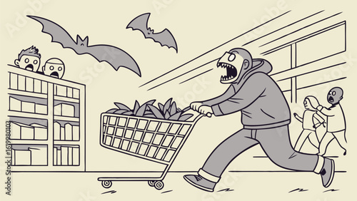 Terrifying grocery store chase as a monstrous figure with a shopping cart filled with leaves flees from bats while shoppers look on in horror