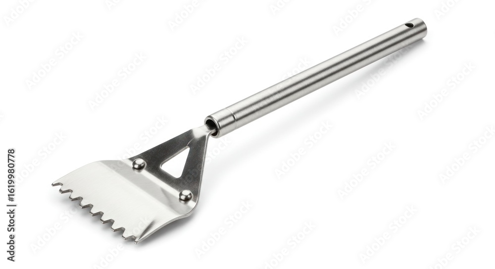 A stainless steel ice scraper with a telescopic handle, shown disassembled, features a serrated edge for efficient ice removal and a sturdy, polished metallic finish. A stainless steel ice scraper with a telescopic handle, shown disassembled, features a serrated edge for efficient ice removal and a sturdy, polished metallic finish.
