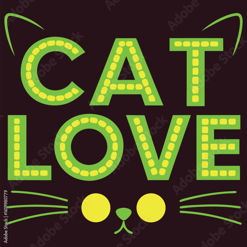 Neon Green 'CAT LOVE' Digital Illustration on Black Background