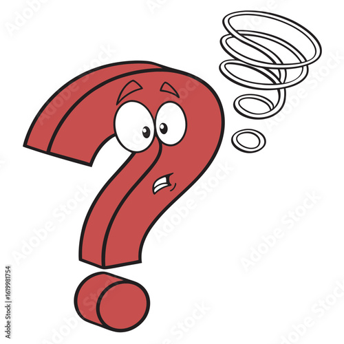 Confused red cartoon question mark character isolated on white background