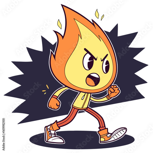 Running fire character with flames for hair and angry expression