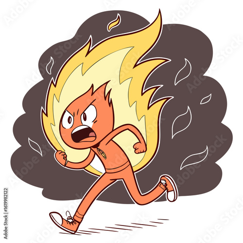 Running fire character with flames for hair and angry expression