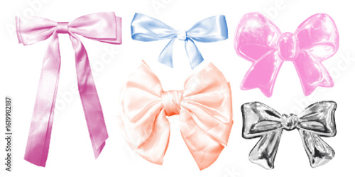 Halftone collage with set ribbon bows elements. Trendy vector pieces. Grungy punk aesthetic perfect for zines, posters, DIY flyers, tattoo, graphics, cards, stickers