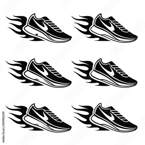 Six Black and White Running Shoes with Flames Graphic Design