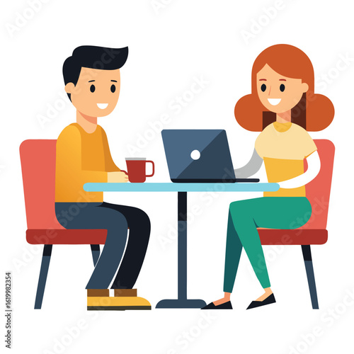 Cartoon Vector Illustration Of A Couple Working On Laptop Together At Home