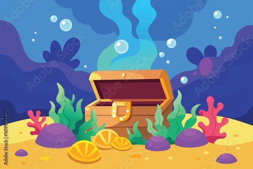Cartoon Underwater Treasure Scene Open Chest With Gold Pearls Fish And Coral