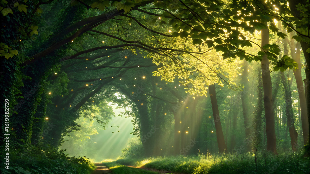 Obraz premium Enchanted Forest Path Sunlight Filtering Through Trees and Fireflies