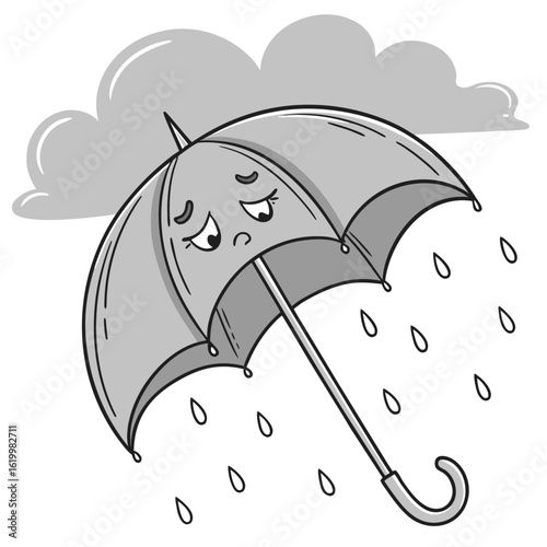 Sad cartoon umbrella in the rain under a cloud