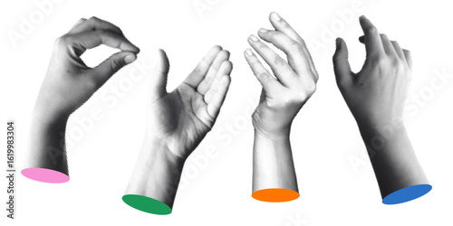 Halftone hands set. Trendy vector  pieces. Gesture signs. Collage clipart with a gritty, bold aesthetic perfect for zines, posters, streetwear designs, stickers