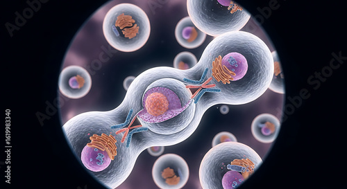 Microscopic view of dividing cells, showcasing the intricate processes of cellular division.
