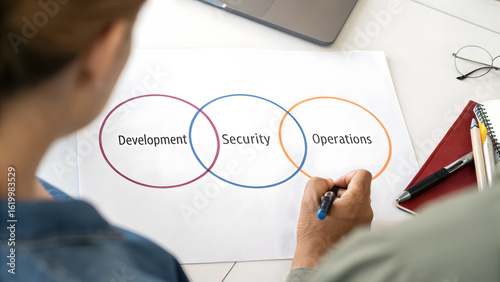 DevSecOps Integration Security Automation Secure A person draws a diagram illustrating the intersection of development, security, and operations.