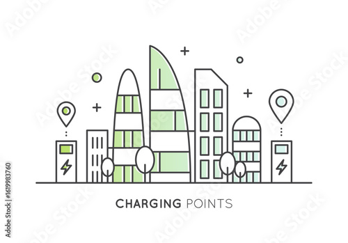 Minimal line icons electric buses, charging stations, green mobility infrastructure, sustainable public transport, eco transit, smart city transit, clean energy vehicles, zero emissions, CO2 neutral
