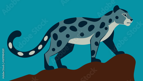 Clouded Leopard Sideways Climbing Brown Rock Teal Background