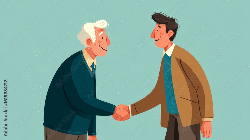 Fototapeta premium Friendly Interaction Between Older and Younger Man in Illustration