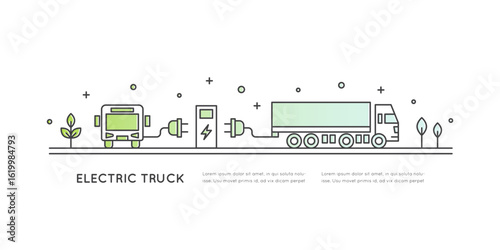 Minimal line icons electric cargo, charging stations, green mobility infrastructure, sustainable cargo logistics, eco transit, smart city transit, clean energy vehicles, zero emissions, CO2 neutral