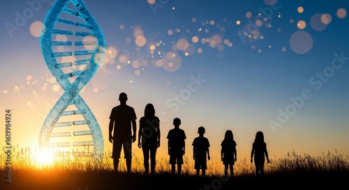 Generations united by DNA, a family silhouette stands against a sunset with a glowing helix symbolizing heritage and future.
