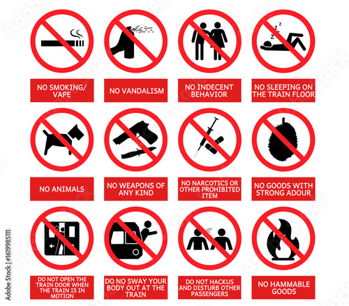 Comprehensive set of prohibition signs for public transport and spaces
