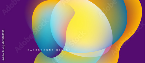 Abstract fluid shapes overlap, creating vibrant color gradients. Purple background complements yellow, blue hues. Modern design element.