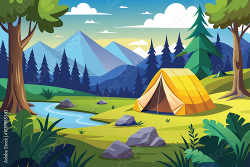 Day Camp Landscape Featuring A Yellow Tent In A Peaceful Forest Setting